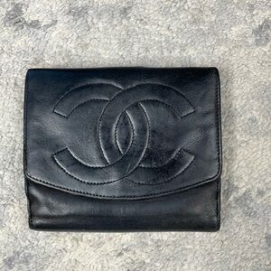 Chanel Black Leather Compact Double Snap Wallet Interlocking CC